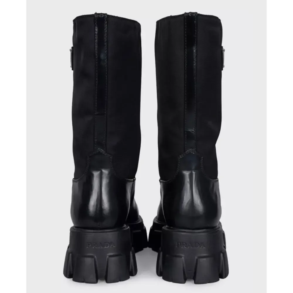 Prada Monolith Black Leather Boots with Silver-Tone Logo - EU 39